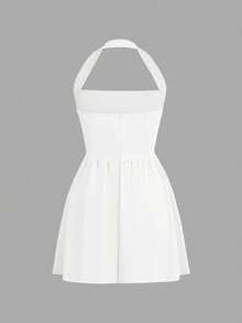 Women Fall White Halter Mini Dress,Square Neck Backless Flared Skirt For Back To School Vacation Birthday Going Out - White - View 4