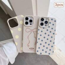3pcs Polka Dot Print Leather Texture TPU Shockproof Full Coverage Protective Phone Case Compatible With Apple 11/12/13/14/15/16/17 Pro Max - Antique White - View 1