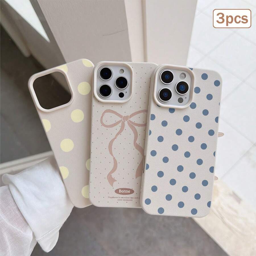 3pcs Polka Dot Print Leather Texture TPU Shockproof Full Coverage Protective Phone Case Compatible With Apple 11/12/13/14/15/16/17 Pro Max - Antique White - View 1