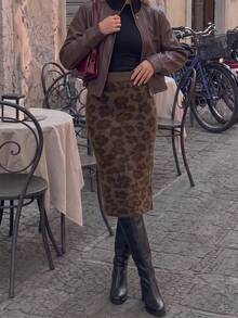 Women's Fashion Street Leopard Print Knit Midi Skirt - Brown - View 4