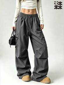 mulinsen Women's Drawstring Waist Cargo Pants, Casual Loose Streetwear Techwear Long Pants - Dark Grey - View 2