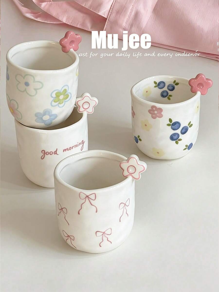 250ml Floral Coffee Cup, Cute 3D Flower Ceramic Handheld Cup, Bowknot Tea Cup, Hand-Pinch Asymmetrical Ceramic Coffee Cup Latte Cup Breakfast Cup Gift - Multicolor - View 1
