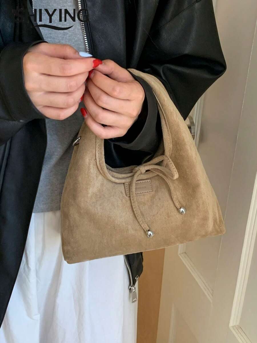 1件純色PU皮革麂皮新款女款背包，單肩包，斜挎包，時尚新月形手提包，適合通勤、購物、約會