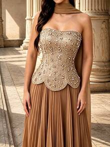 Autumn/Winter Elegant Strapless Faux Pearl Embroidered Fishbone Patchwork Pleated Chiffon Faux Two Pieces Maxi Dress With Neck Scarf, Suitable For Party And Wedding - Khaki - View 2