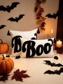 1/2 pezzi Federa cuscino Ognissanti con lettera "BOO" trapuntata, federa ricamata stile fattoria nero e avorio con angoli con nappine, cerniera nascosta, federa decorativa per feste Trick Or Treat (senza inserto) per soggiorno, divano, camera da letto, veranda esterna, decorazione autunnale - nero - Visualizzare 7