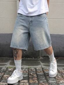 BLACKTOEXIT Men's DenimBermuda Shorts Mid-High Waist Wide Leg American Street Style Distressed Washed Loose Straight Leg Denim Mid-Length Pants Summer Retro - Blue - View 1
