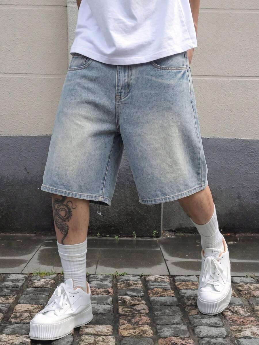 BLACKTOEXIT Men's DenimBermuda Shorts Mid-High Waist Wide Leg American Street Style Distressed Washed Loose Straight Leg Denim Mid-Length Pants Summer Retro - Blue - View 1