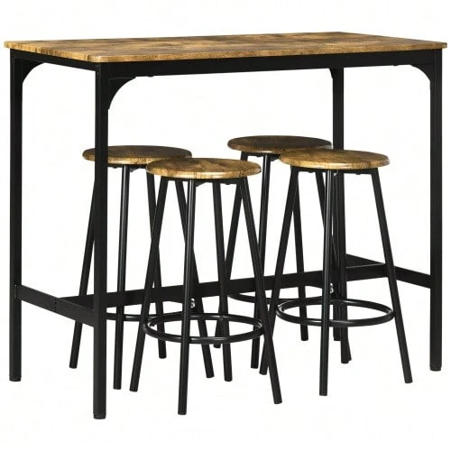 5-Piece Bar Table Set With 4 Bar Stools, Industrial Design Kitchen Table, Rustic Brown, Metal, Dining Set For Kitchen And Bar - 棕色 - 查看 1