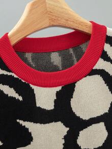 GIGOGOU Women's Autumn/Winter Colorblock Red Trim Round Neck Long Sleeve Knit Sweater, Casual Loose Fit Pullover - Red - View 10
