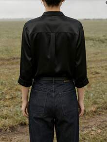 Damen Ganzjahres Einfarbige Bluse, Pendeln Arbeit Täglich Büro Minimalistisches Langarm Top, Schwarz - Schwarz - Übersicht 6