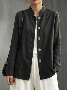 New Women's Chinese Style Small Stand Collar Long Sleeve Slouchy Breathable Daily Vacation Versatile Jacket - Black - View 2