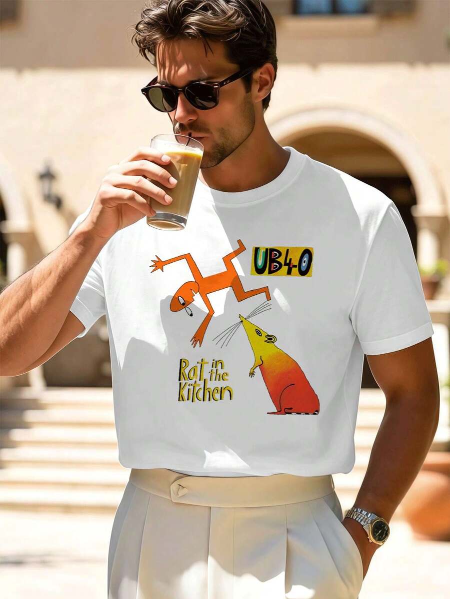 Men's Kitchen Mouse Graphic T-Shirt, UB40 Print, High Quality Fabric, Hip Hop Street Style, Comfortable, Durable, Graphic Design. - White - View 1