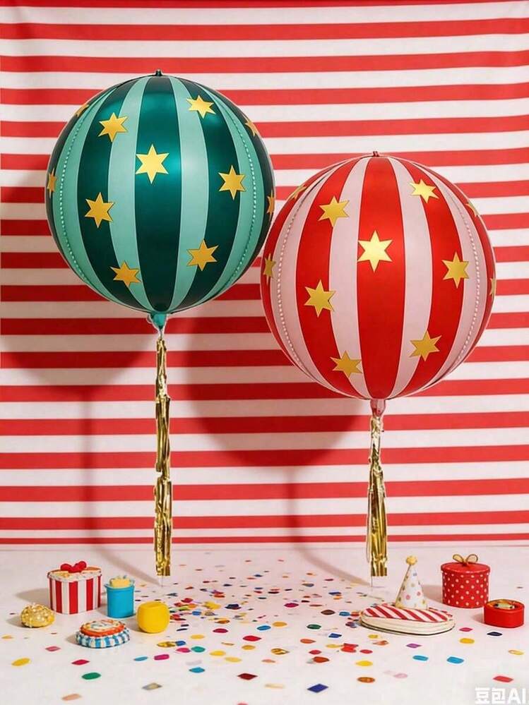 2件組 22英吋 4D條紋星星與3D圓形鋁箔氣球，生日派對裝飾，適合1歲生日派對場景布置 - 多色 - 查看 2