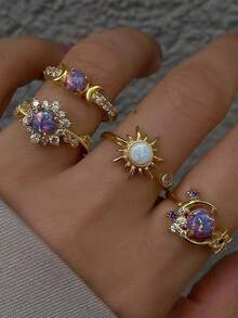 4pcs Fashion Ins Style Sun Moon Diamond Gemstone Ring Set, Valentine's Day Mother's Day Birthday Gift - Multicolor - View 8