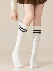 1/6 Pairs Women's Calf Socks, Solid Color Double Stripe Vertical Line Slimming Anti-Slip Knee-High Socks, Daily Wear - Multicolor - View 9
