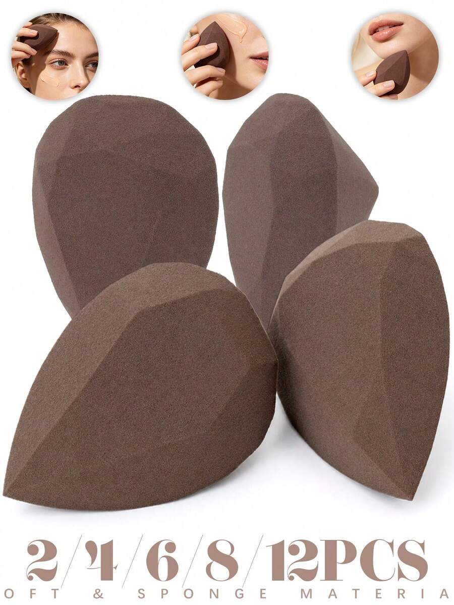 Matte Brown Diamond Velour Makeup Sponge Set, Dual Sided Flocked Beauty Multi Sizes 2/4/6/8/12 Packs, Reusable Cosmetic Blending Sponges For Liquid Foundation, Loose Powder, Concealer, Cream Makeup - Multicolor - View 1
