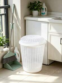50L stor tvättkorg med lock, ihålig andningsbar design för att förhindra instängd lukt, förstärkt plastkonstruktion, två färgalternativ, snygg och praktisk förvaring för kläder och småsaker - Multifärgad - Visa 4