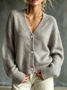 Women's V-Neck Solid Color Button Long Sleeve Soft Comfortable Minimalist Casual Versatile Knit Cardigan, Suitable For Daily Outings And Home Wear - Grey - View 6