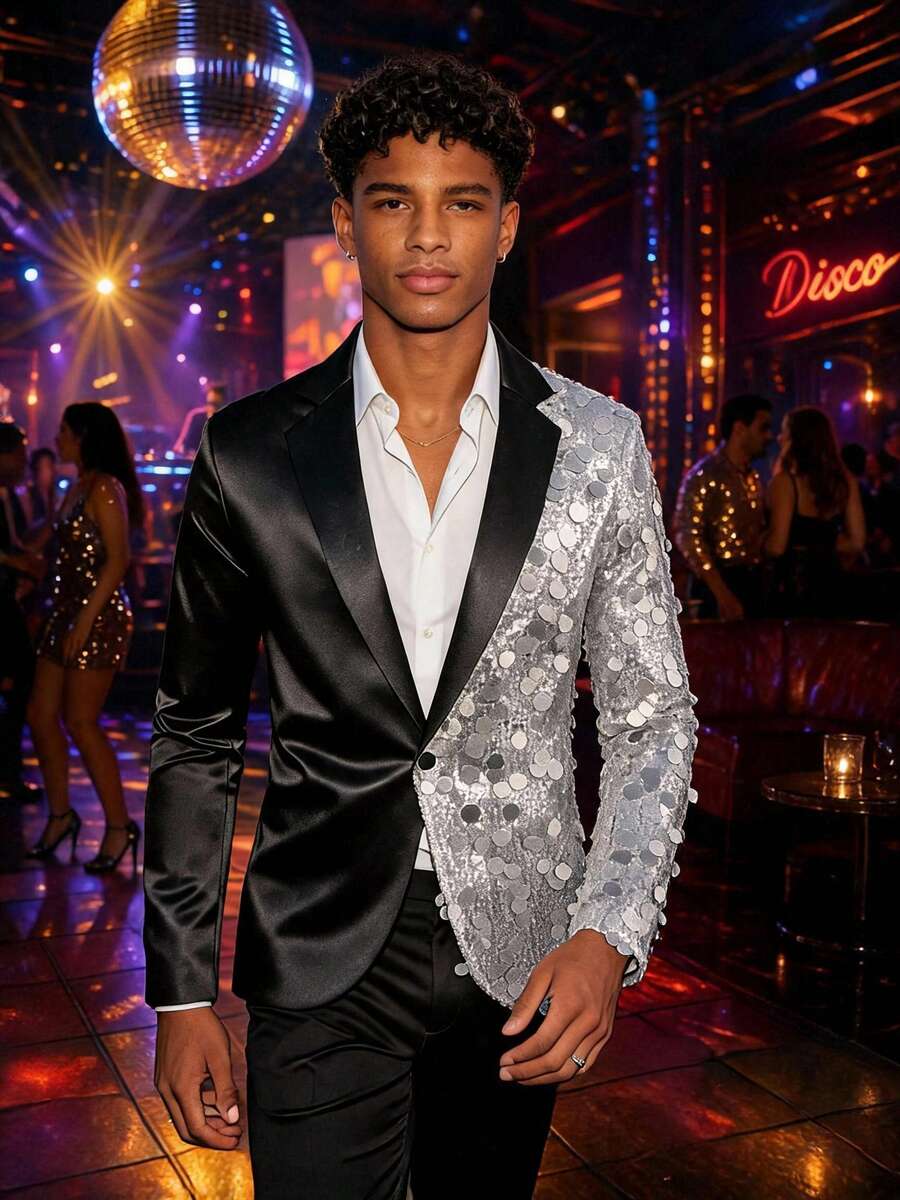 Men's Glamorous Large Sequin Blazer, Nightclub Bar Stage Performance Suit - Silver - View 1