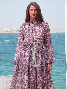 Faeriesty Vintage Romantic Women's Long Sleeve Bell Sleeve Chiffon Dress, Ruched Stand Collar, Eye-Catching Purple Leopard Print Wedding Vacation Party Fall - Purple - View 4