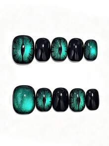 10pcs Handmade Short Square Press-On Nails, Glossy Pure Black Base, Glowing Green Pearl Cat Eye Gradient, Hand-Painted Demon Eye Pattern, Mysterious Cool Gothic Style Halloween Manicure - Green - View 1