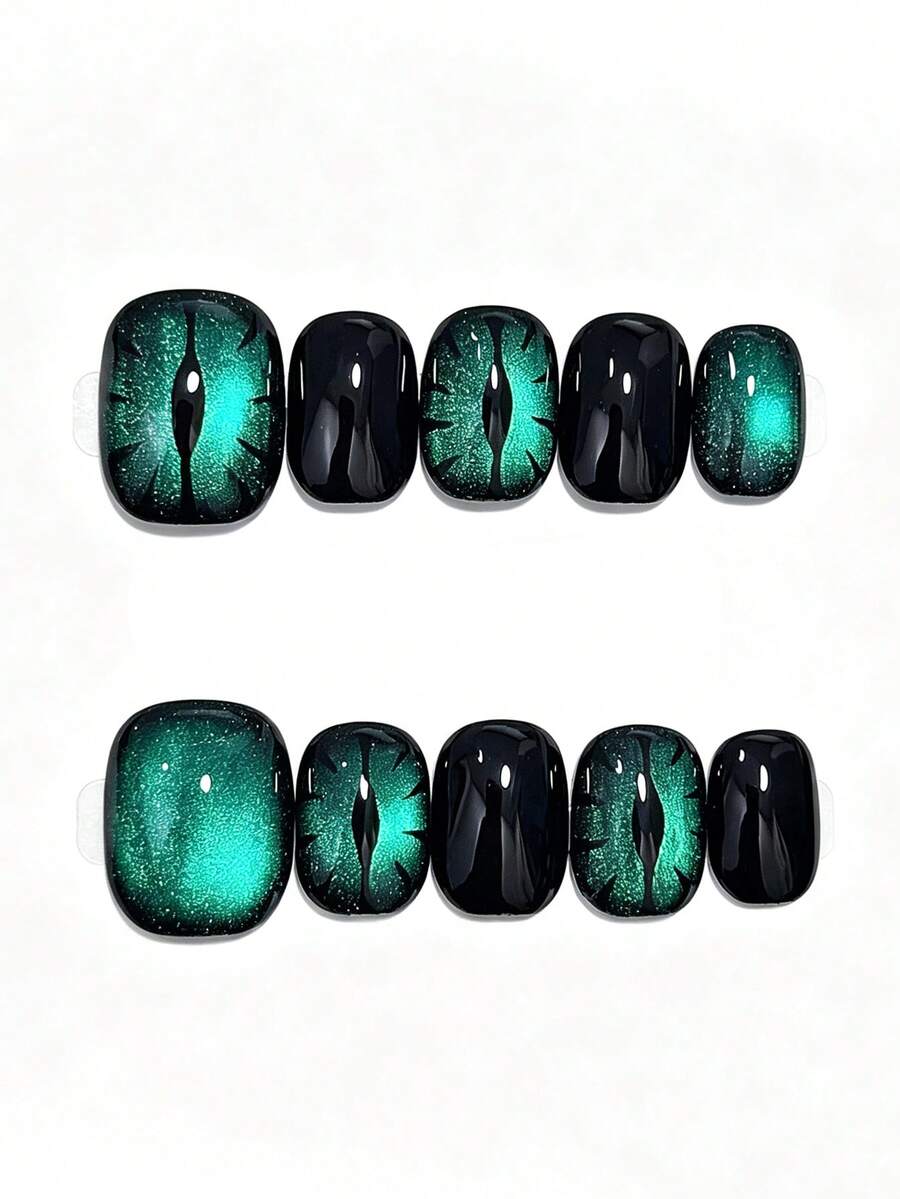 10pcs Handmade Short Square Press-On Nails, Glossy Pure Black Base, Glowing Green Pearl Cat Eye Gradient, Hand-Painted Demon Eye Pattern, Mysterious Cool Gothic Style Halloween Manicure - Green - View 1
