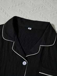3件組泡泡皺褶純色蝴蝶結刺繡女款睡衣套裝－短袖鈕扣領上衣與短褲＋長褲 - 黑色 - 查看 3