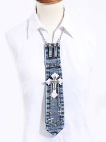 1pc Unisex Washed Denim Decor Necktie Silver Cross Chain Brooch Gothic Y2K Streetwear Shirt Collar Accessory - Multicolor - View 1