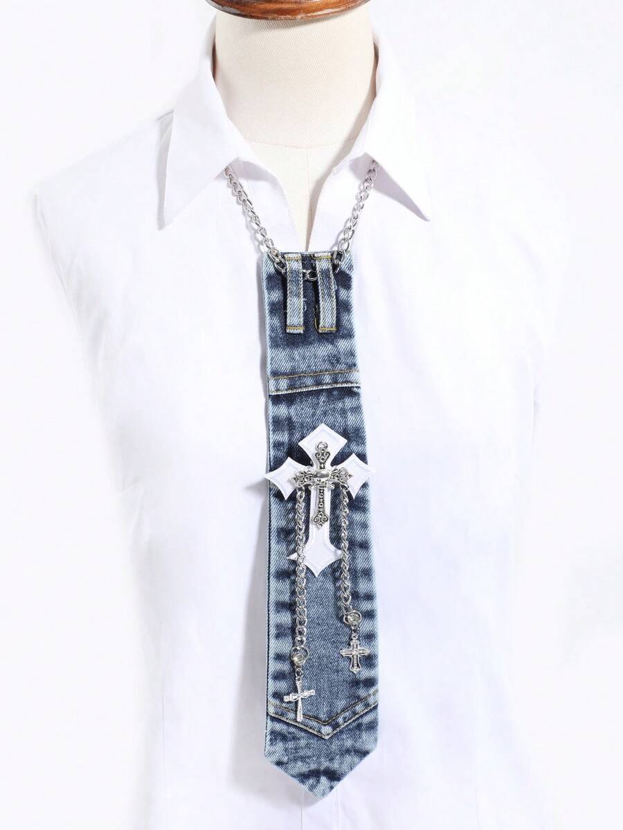 1pc Unisex Washed Denim Decor Necktie Silver Cross Chain Brooch Gothic Y2K Streetwear Shirt Collar Accessory - Multicolor - View 1