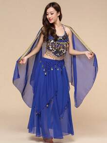 Women Halter Gold Coin Fringe Crop Top & Chiffon Long Skirt, Oriental Belly Dance Carnival Rave Performance Outfit, Multiple Colors Available - Multicolor - View 9
