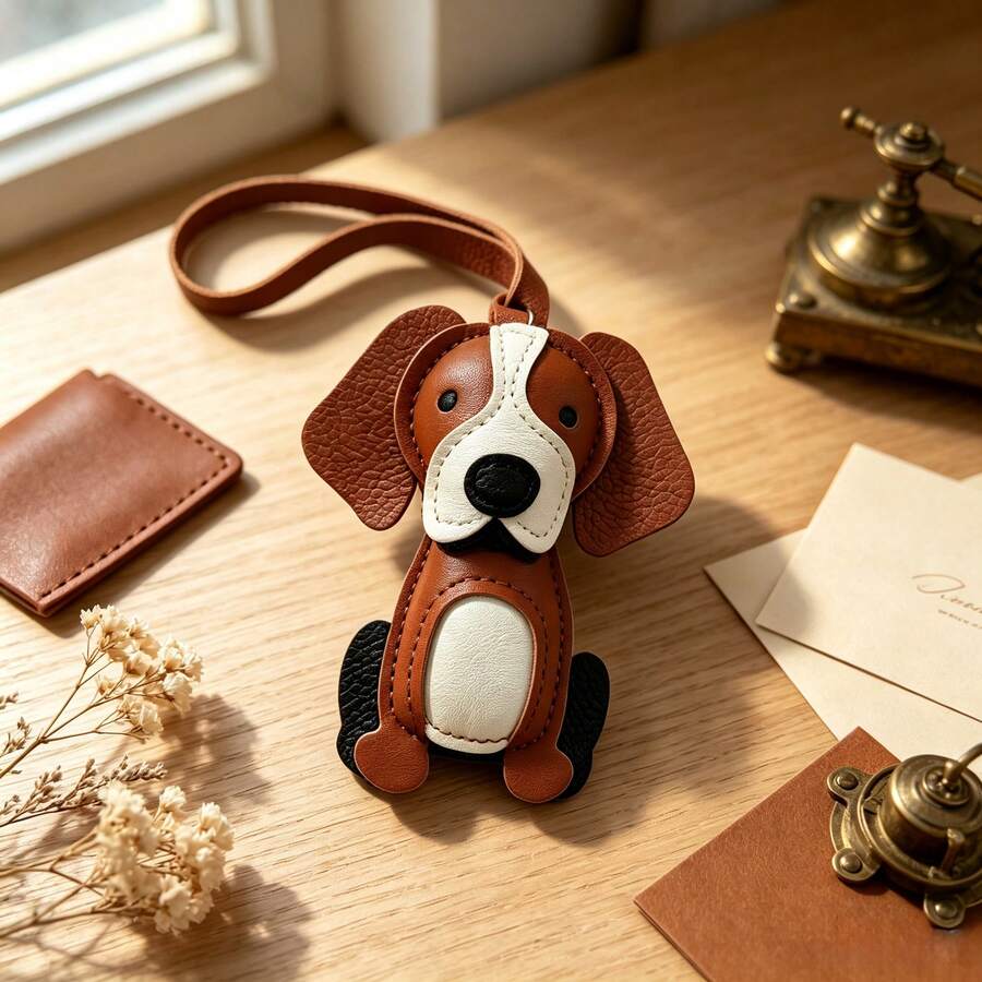 JRESSIAL Cute Border Collie Puppy Leather Keychain Pendant, Car Bag Charm, Bag Accessory, Key Ring - Brown - View 1