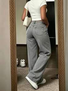 Women's Grey Straight Leg Jeans With Button Detail, Long Casual Pants, Medium Stretch, Suitable For Daily Wear - Grey - View 4