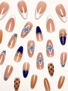 Cambia tu estilo de uñas, 24 piezas/set de uñas postizas de forma almendrada media-larga con flores azules 3D, strass, decoración dorada dulce y fresca, cobertura completa, con 1 pieza de pegamento de gelatina y 1 pieza de lima de uñas, te hace lucir talla grande dulce y linda, perfecto para mujeres y niñas en fiestas, citas, bodas y uso diario - Multicolor - Ver 2