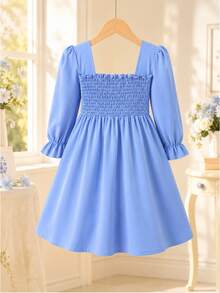 Đầm dài tay cổ vuông xếp ly bèo nhún thời trang casual cho thiếu nữ mùa thu - Màu xanh nhạt - Xem 3