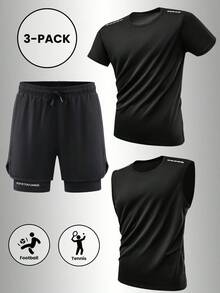 3pcs Men's Summer Sports T-Shirt Set, Reflective Shoulder Print, 2-In-1 Shorts, Breathable Fabric, Suitable For Fitness, Outdoor Activities And Daily Wear - Black - View 1