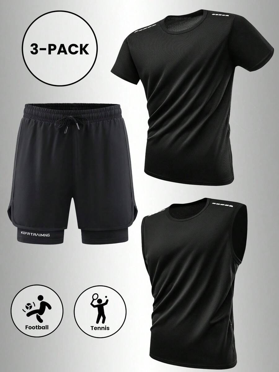 3pcs Men's Summer Sports T-Shirt Set, Reflective Shoulder Print, 2-In-1 Shorts, Breathable Fabric, Suitable For Fitness, Outdoor Activities And Daily Wear - Black - View 1