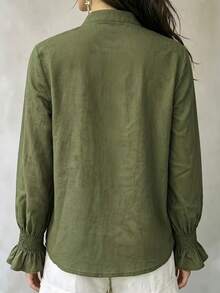 Women's Elegant Solid Color Long Sleeve Blouse, Stand Collar Button Pleated Flare Sleeve Top, Breathable Loose Fit Vacation & Commute Dual-Use Shirt - Green - View 4