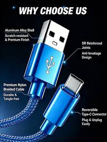 3入 USB Type-C 快充線（尼龍編織 3.3ft/6.6ft/10ft），USB-A 轉 USB-C 充電數據線，相容 Galaxy S25/S24/S23/S22/S21 手機，適用 16/16 Pro Max/15/15 Plus/15 Pro/15 Pro Max，適合車用/辦公桌/旅行/室內/戶外手機配件 - 藍+白+香檳金 - 查看 4