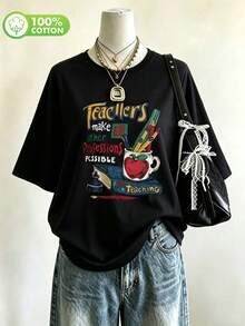 Teacher's Day Pattern Digital Print Fashion Simple Women's Plus Size Long Round Neck Drop Shoulder T-Shirt Friend's Gift Casual Summer Black - Black - View 6