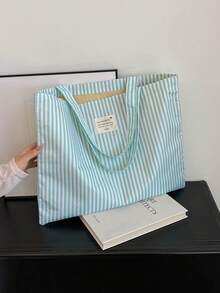 Striped Casual Large Capacity Minimalist Shopping Vacation College Tote Bag - Green - View 9