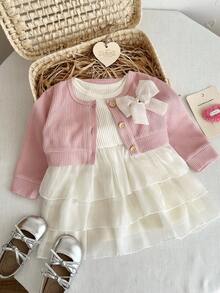 Baby Girl Spring/Autumn 2-Piece Set, Sweet Bow Short Knit Cardigan And Pearlescent Mesh Ruffle Tank Dress Princess Outfit - Coral Pink - View 4