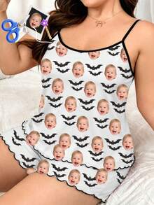 Set Piyama Halloween Wanita Motif Wajah Kustom, Foto Bayi yang Dipersonalisasi, Atasan Camisole Kelelawar Menyeramkan dan Celana Pendek Berenda di Bagian Bawah, Set Pakaian Dalam Santai - MultiWarna - View 2