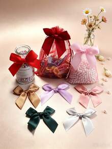 50pcs Large Satin Ribbon Bows With Pink And White Floral Design, Gift Wrapping Bows, Wedding Decoration Bows, DIY Birthday Party, Baking Decoration - Large Asymmetrical Bow - View 11