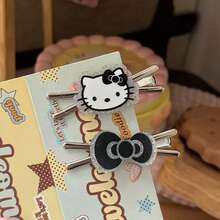 2款/Sanrio Hello Kitty 甜美酷黑貓蝴蝶結髮夾，日系甜美女孩風，適合女孩日常、外出、派對穿著，開學、生日、情人節、聖誕節、萬聖節完美禮物（混色套裝隨機發貨） - kt髮夾 - 查看 2