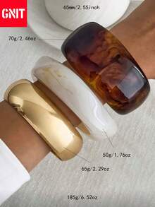 GNIT 3pcs/Set Women's Exaggerated Asymmetric Resin Translucent Bracelet Set, Versatile - Ladder Transparent Coffee + Gold Wide Round - View 5