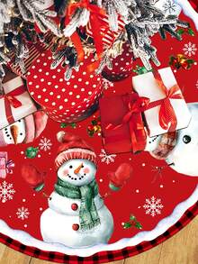 1pc Red Base Black & Red Plaid Edge Cartoon Snowman Christmas Tree Skirt, Round Christmas Tree Bottom Decoration Mat With Snowflake, Bell, Gift Box Christmas Atmosphere Tree Surround, Diameter 60/90CM Optional; Suitable For Winter Party And Home Holiday Decoration, Ideal Christmas Tree Ornament. - Multicolor - View 5