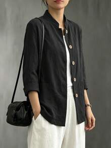 New Women's Chinese Style Small Stand Collar Long Sleeve Slouchy Breathable Daily Vacation Versatile Jacket - Black - View 3