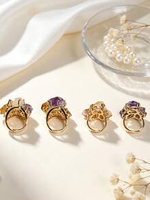 (Natural Stone And Conch Shape Color Random) 1pc Fashion Elegant Natural Stone Amethyst Citrine Conch Women's Gold Copper Material Ring (Suitable For Casual Gift Daily Wear) - Style 1 - View 10