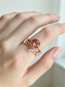 2pcs Women's Wedding Rings, Fashion Luxury Style Alloy Inlaid Cubic Zirconia Rings, Suitable For Daily Wear, Party, Date, Gift For Mother's Day, Best Gift For Family Or Friends - Rose Gold - View 3