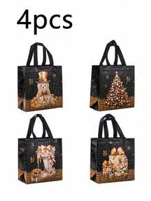 4pcs/1pc Black Christmas Gift Bags With Handles, Christmas Tree And Snowman Pattern, Portable Party Gift Bags, Non-Woven Fabric Shopping Bags, Suitable For Christmas And Daily Use - One Size Fits All - View 8